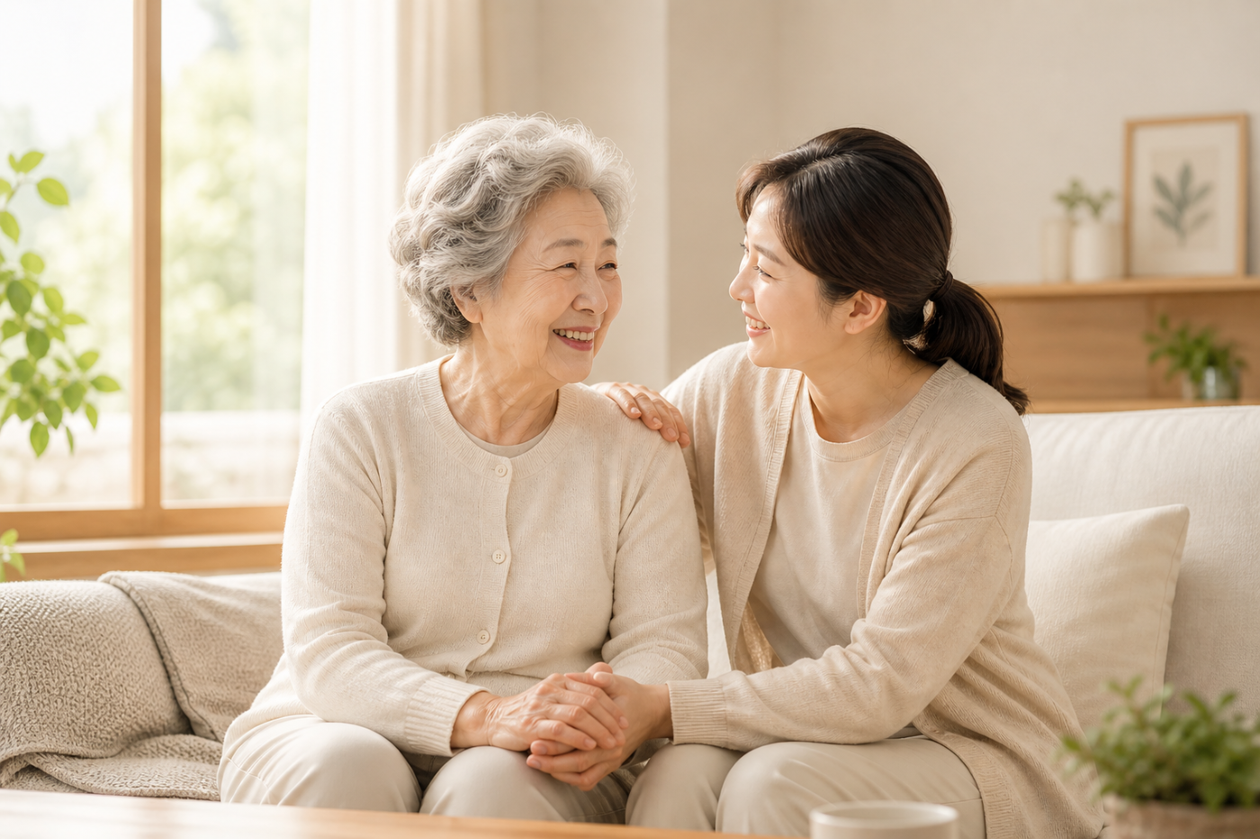 사랑복지센터 - 어르신과 보호자가 거실에서 따뜻하게 손을 맞잡고 있는 모습
